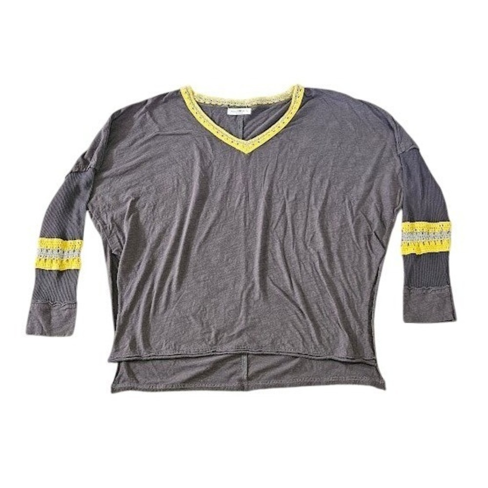 Natural Life Boho Top Women Large Yellow Gray Crochet Trim V-Neck Oversized